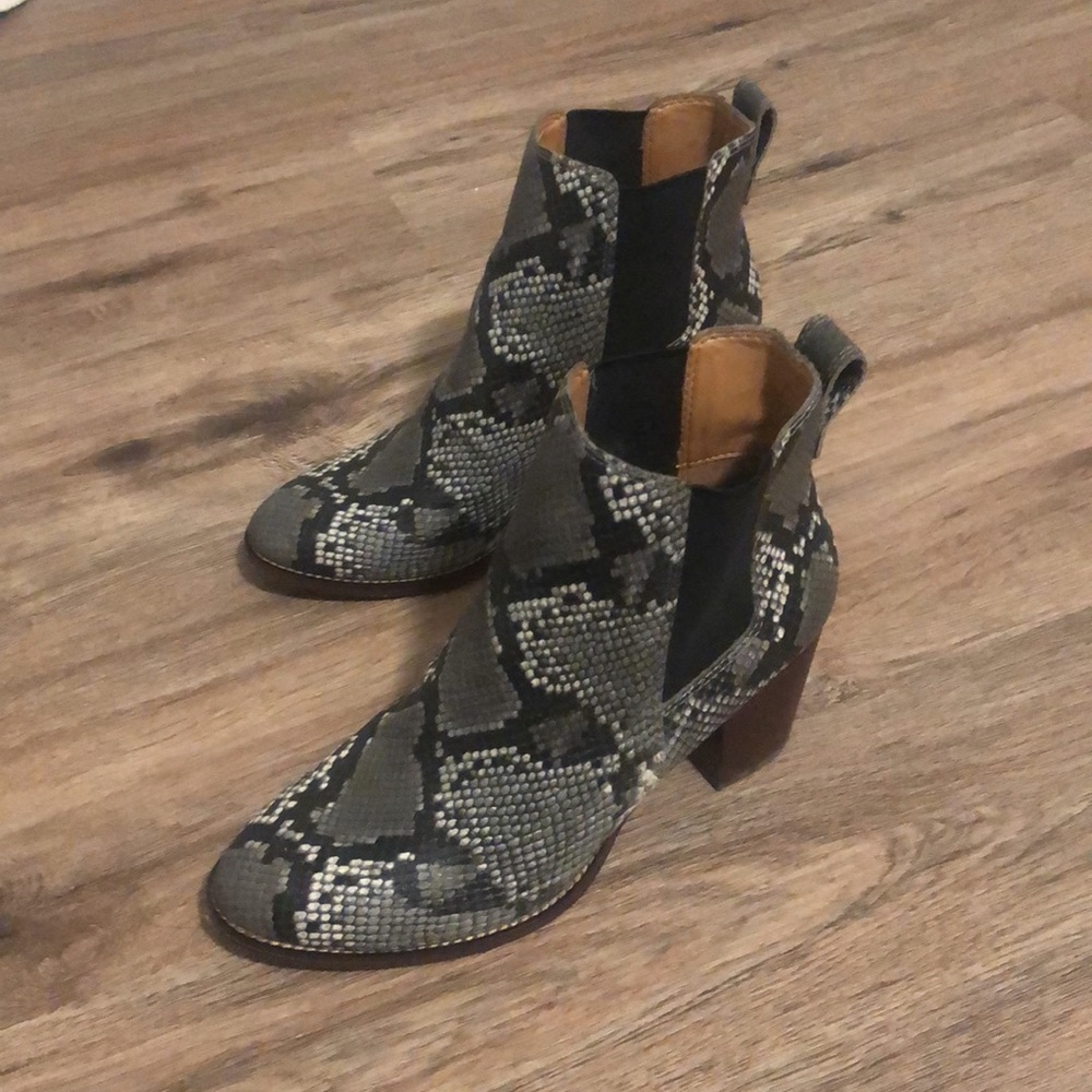 J Crew Snakeskin print- Rory heeled boots